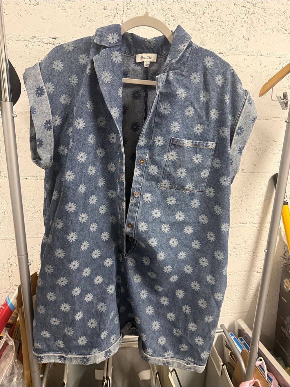 PETAL DEW - Blue Floral Denim Button-Up Shirt - Size Large - Shorts Romper